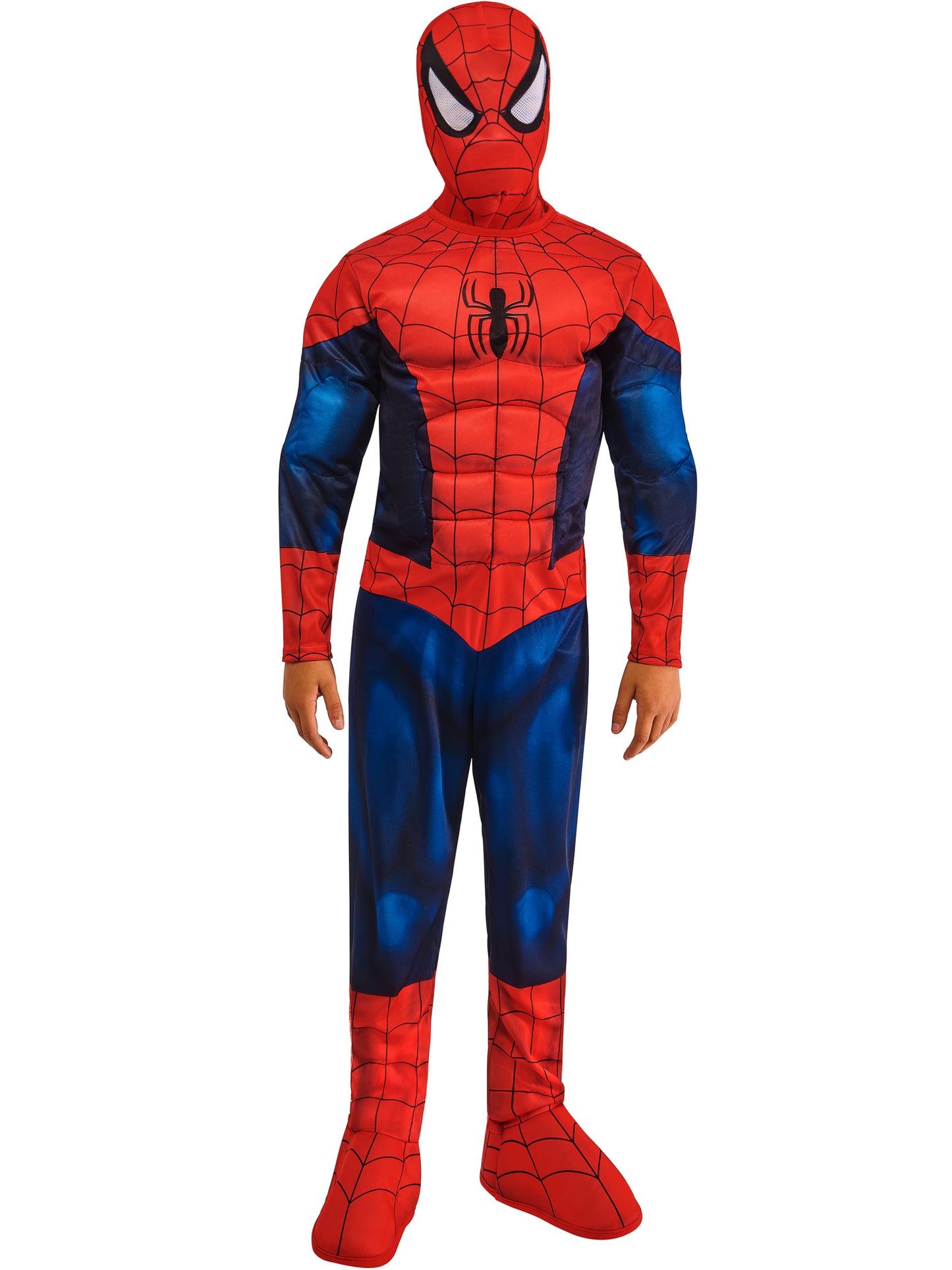 Rubies Spider-Man Deluxe Kinderkostüm mit gepolstertem Overall und Snood – Verpackung