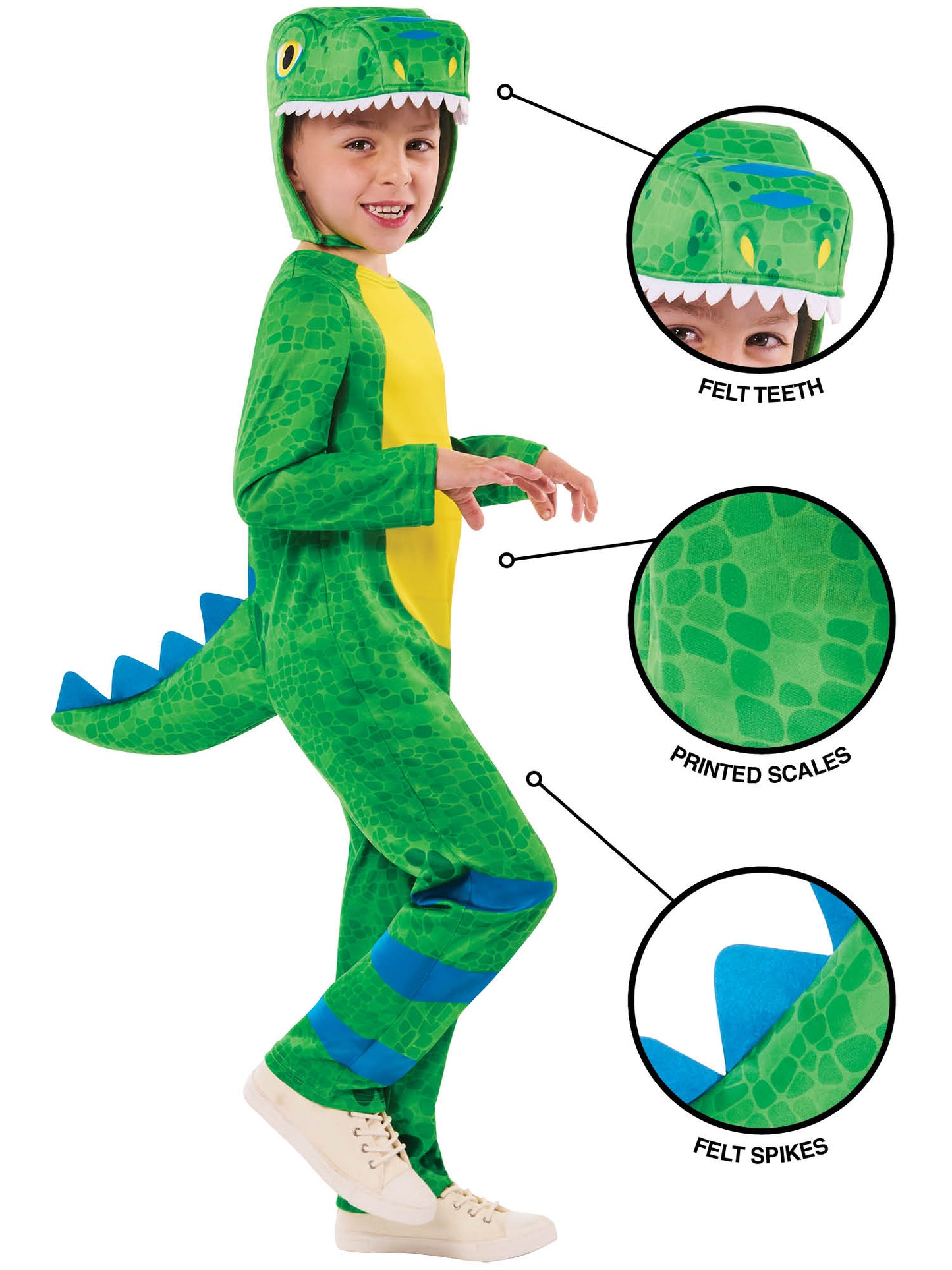 Rubies Friendly Dinosaur Kinderkostüm mit Overall, Schwanz und Kopfbedeckung – Seitenansicht