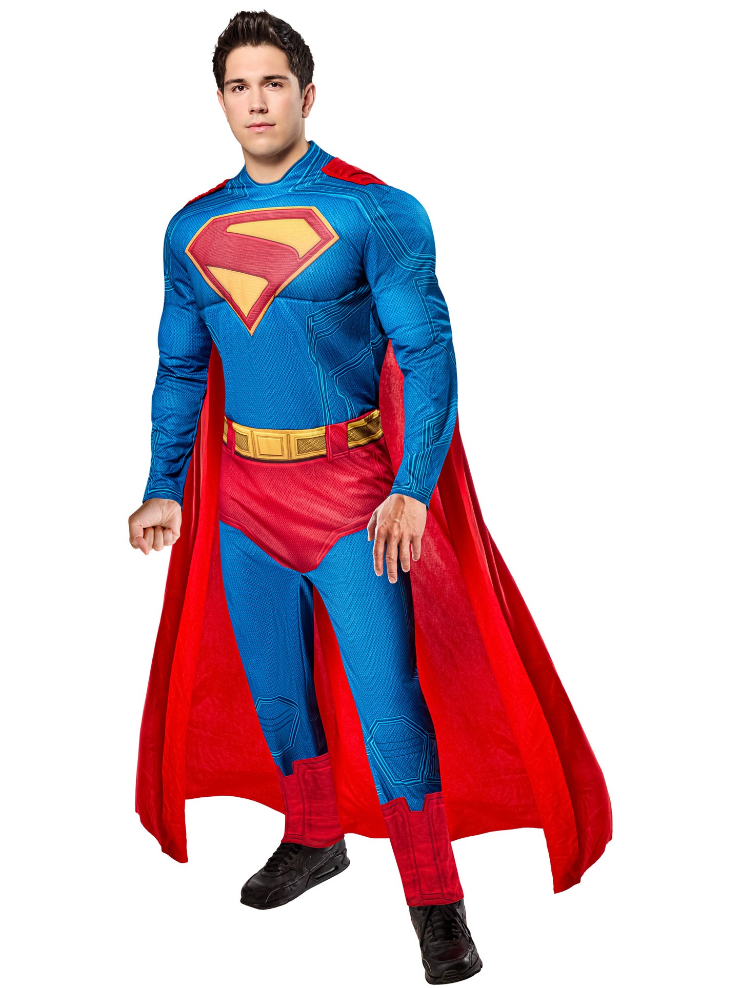 Superman Deluxe Kostüm für Herren von Rubies mit gepolstertem Jumpsuit und Umhang – Produktansicht