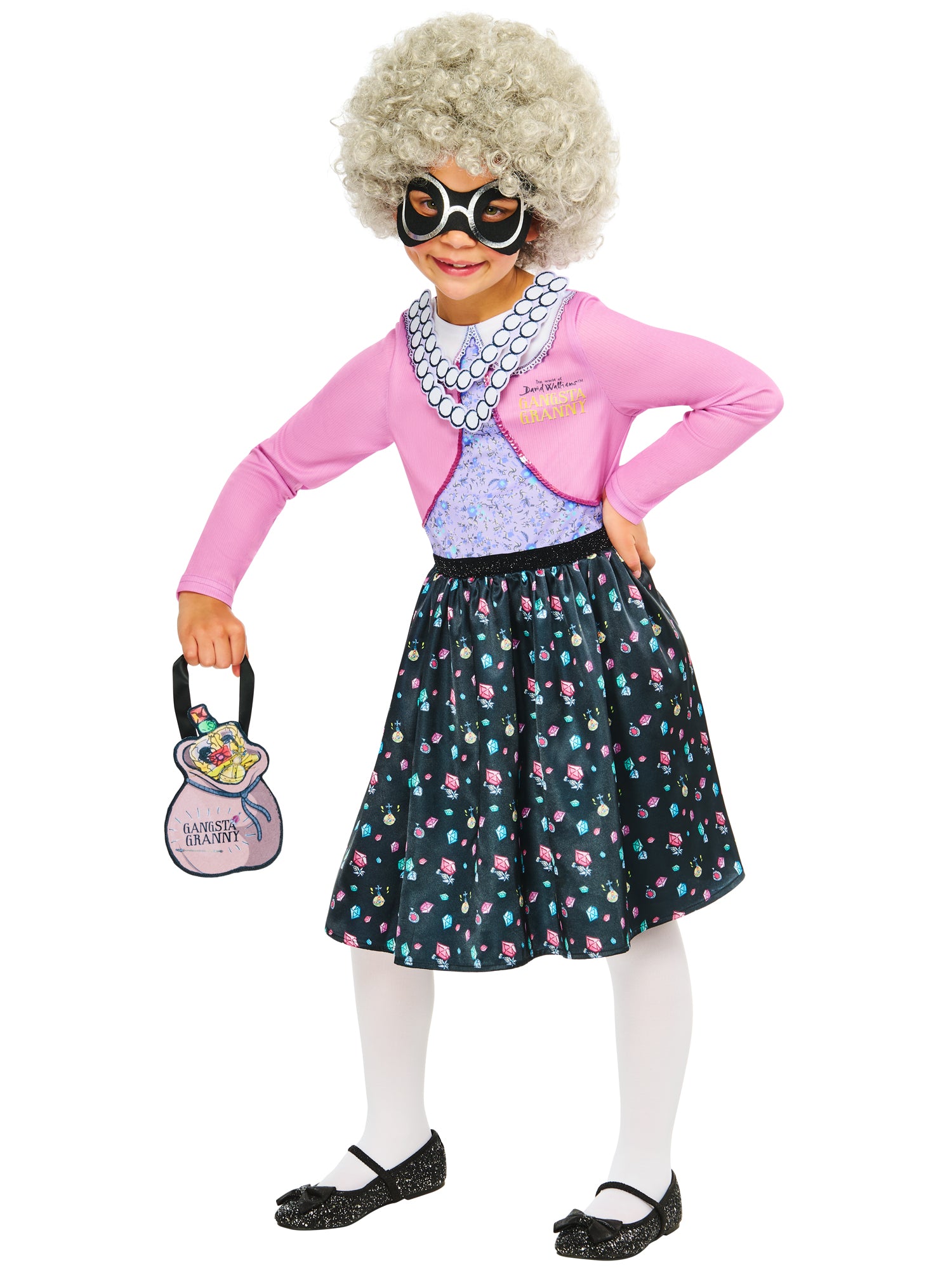 Rubies Gangsta Granny Kinderkostüm mit Kleid, Perücke und Maske – Produktansicht