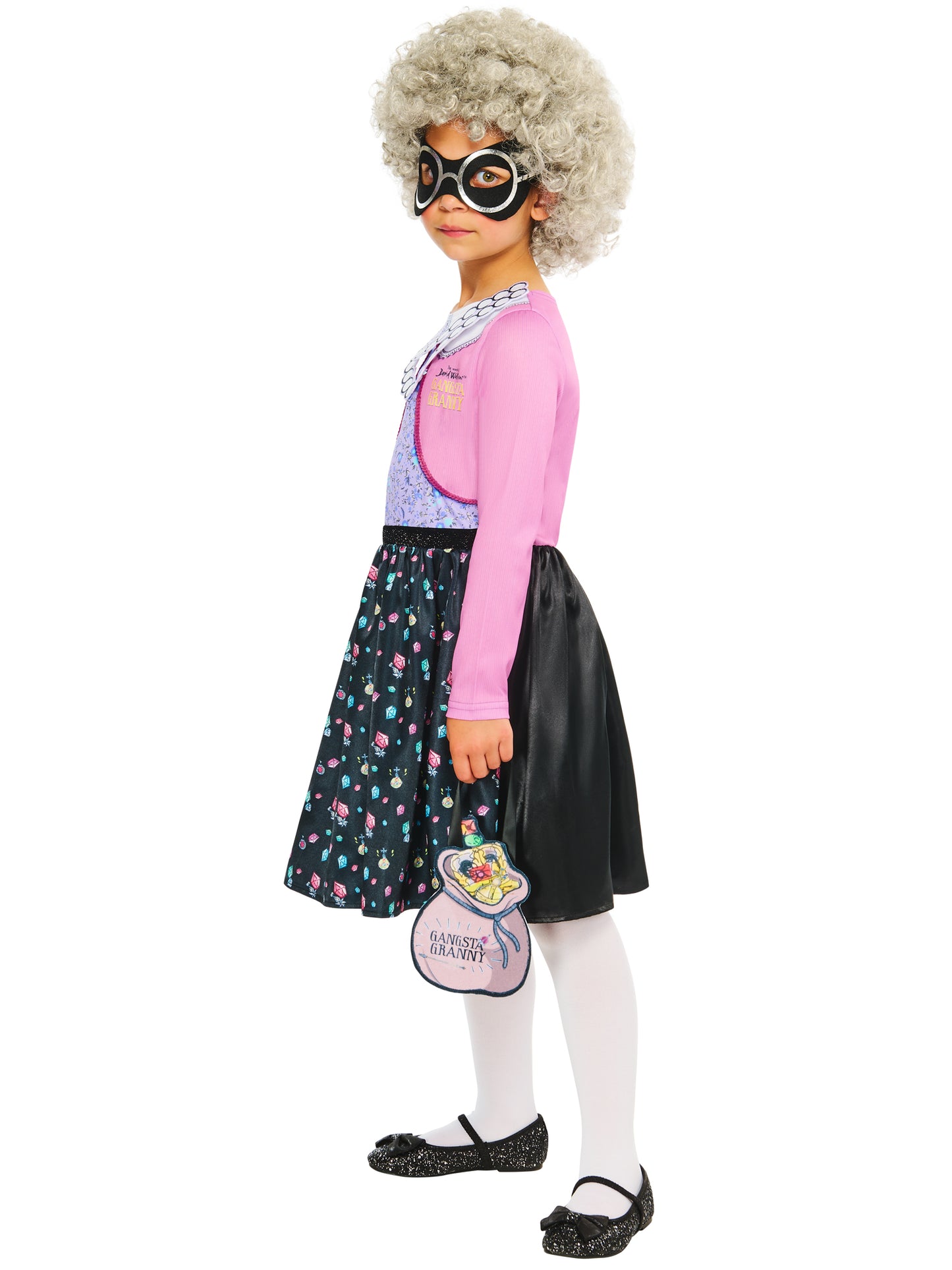 Rubies Gangsta Granny Kinderkostüm mit Kleid, Perücke und Maske – Rückansicht