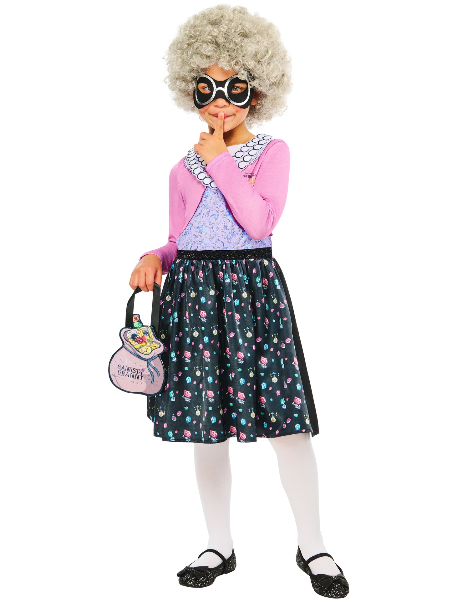 Rubies Gangsta Granny Kinderkostüm mit Kleid, Perücke und Maske – Verpackung