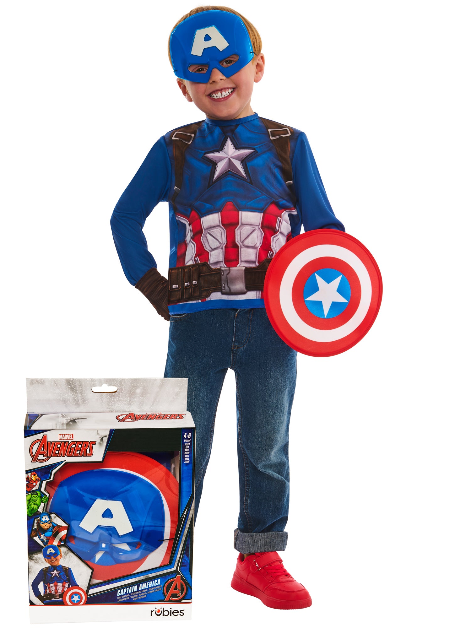 Captain America Kinderkostuem von Rubies mit Schild und Maske – Produktansicht