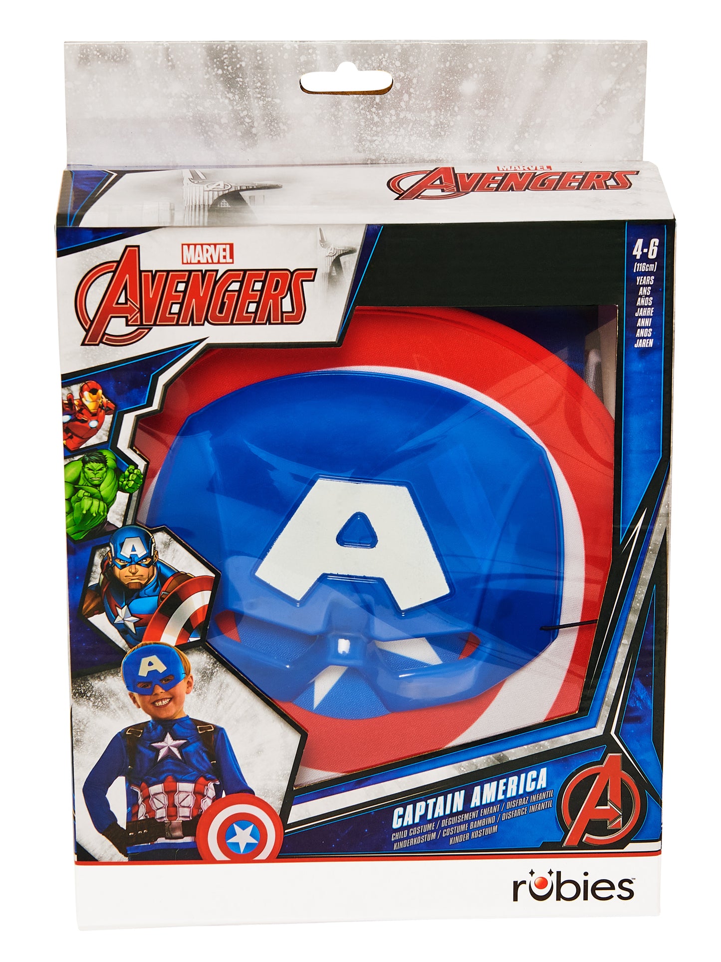 Captain America Kinderkostuem von Rubies mit Schild und Maske – Detailansicht