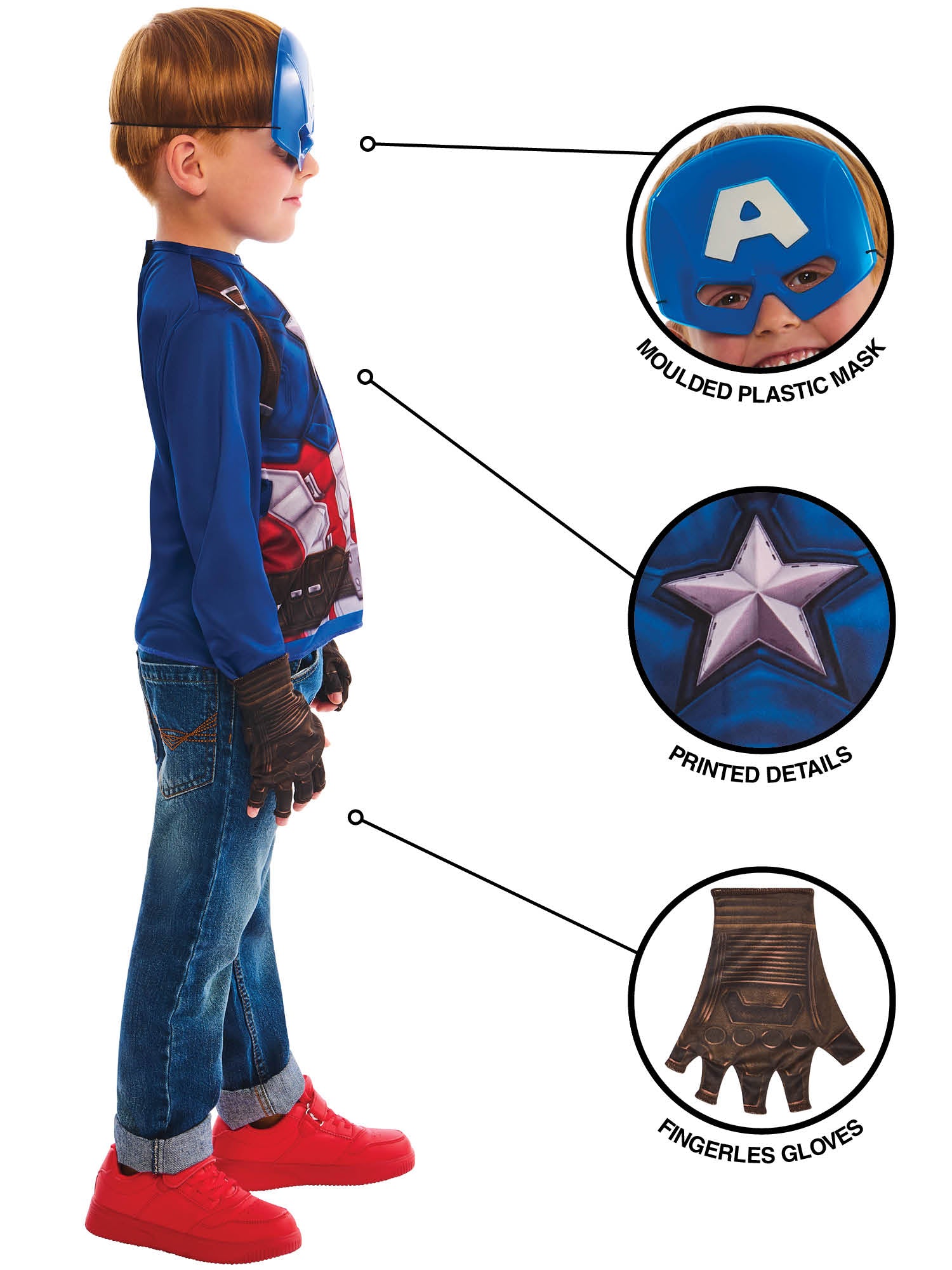 Captain America Kinderkostuem von Rubies mit Schild und Maske – Seitenansicht