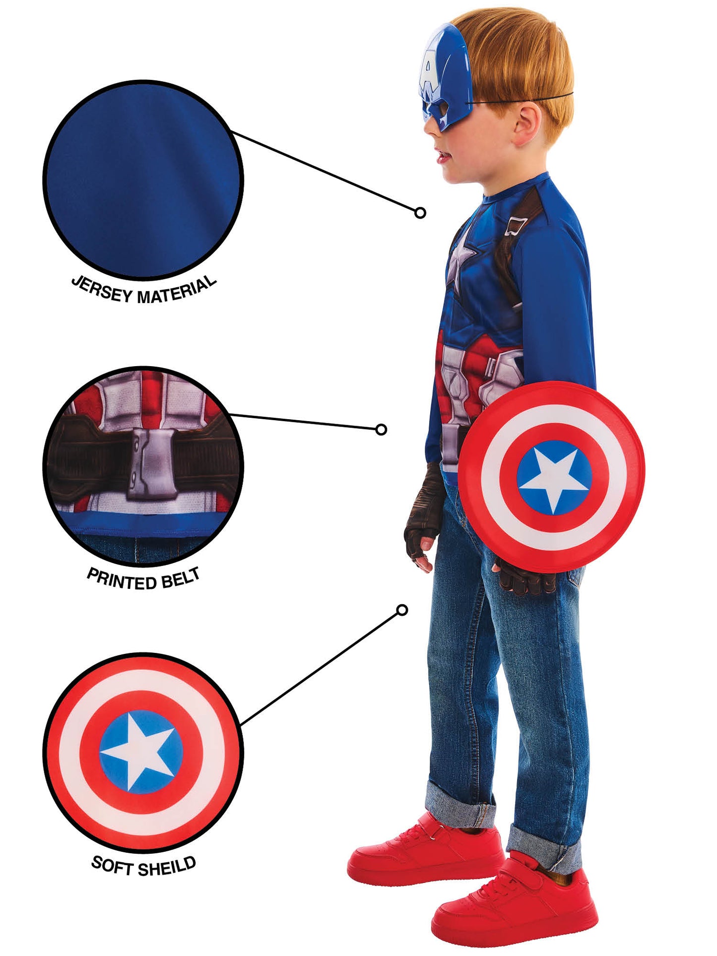 Captain America Kinderkostuem von Rubies mit Schild und Maske – Rückansicht