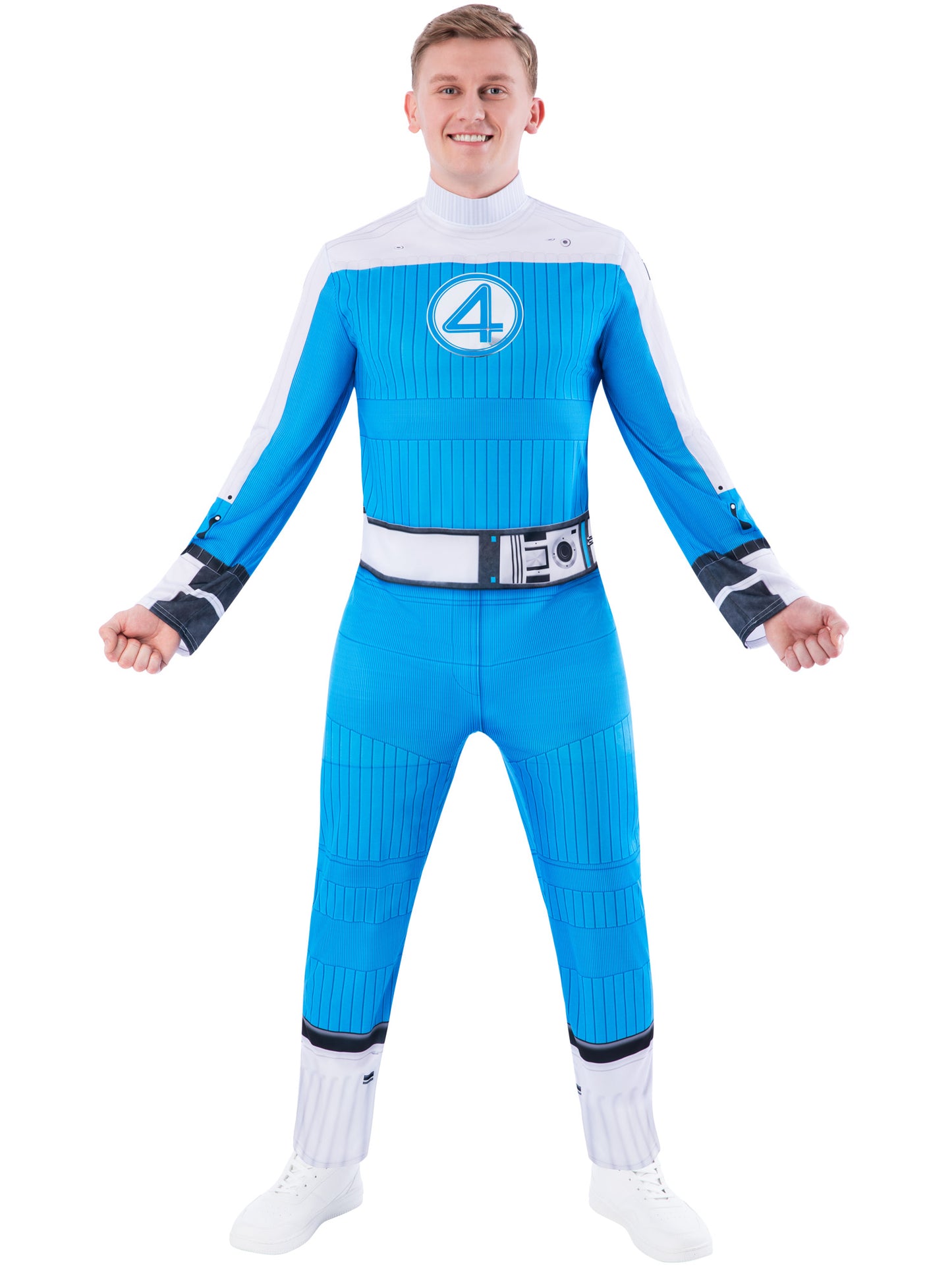 Rubies Human Torch Kostüm für Erwachsene – bedruckter Overall mit 3D-Abzeichen – Produktansicht