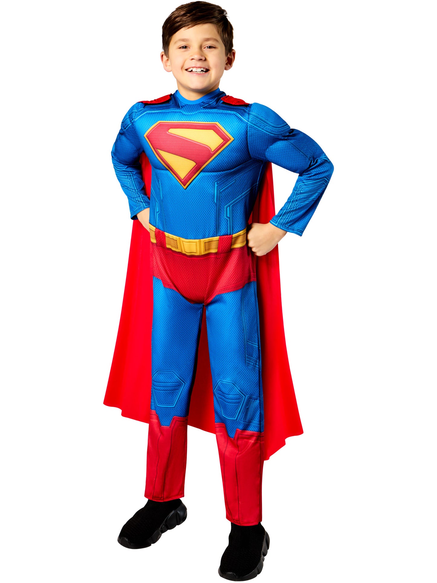 Rubies Superman Deluxe Kinderkostüm für Jungen mit gepolstertem Overall und Umhang – Produktansicht