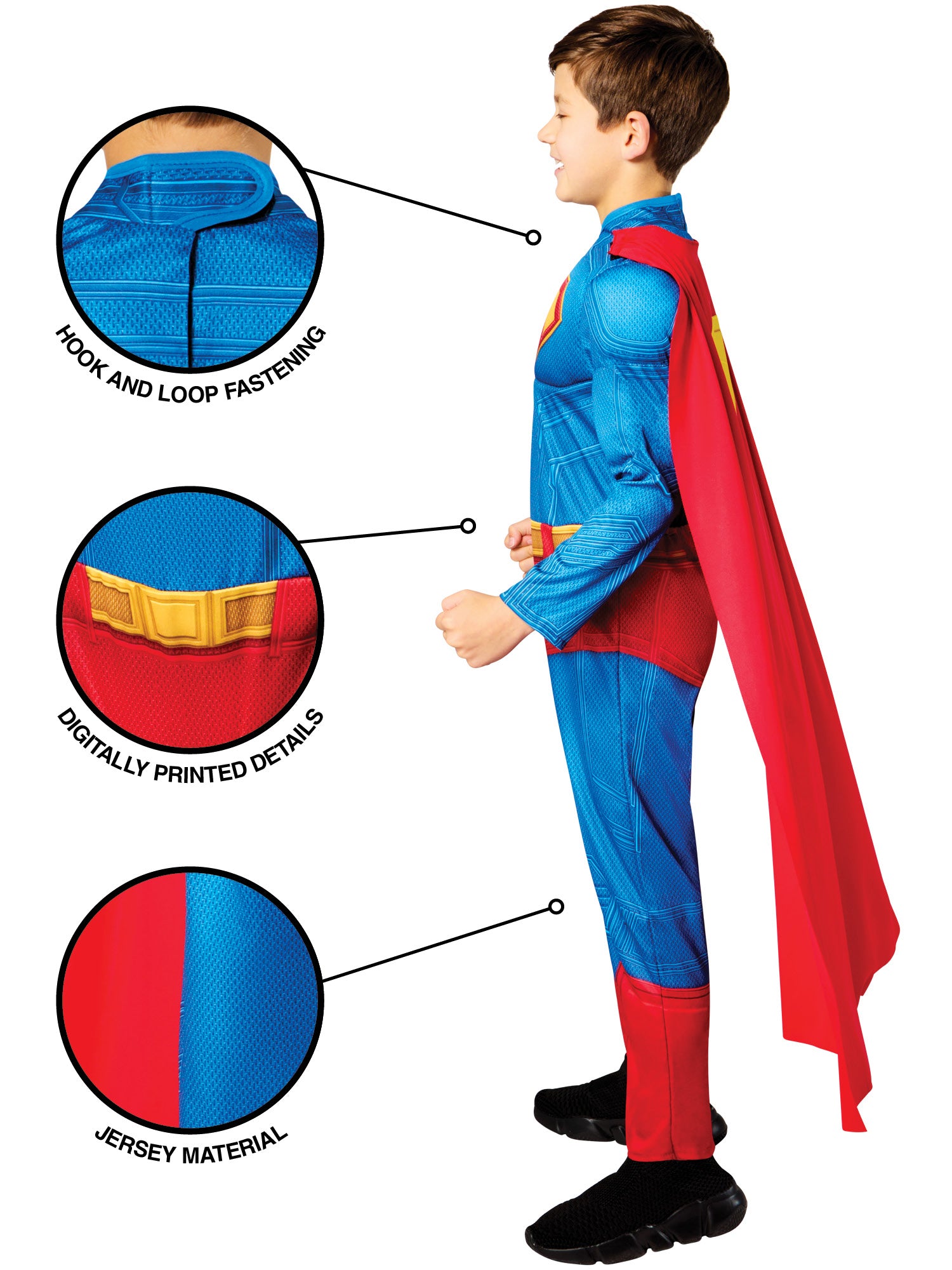 Rubies Superman Deluxe Kinderkostüm für Jungen mit gepolstertem Overall und Umhang – Rückansicht