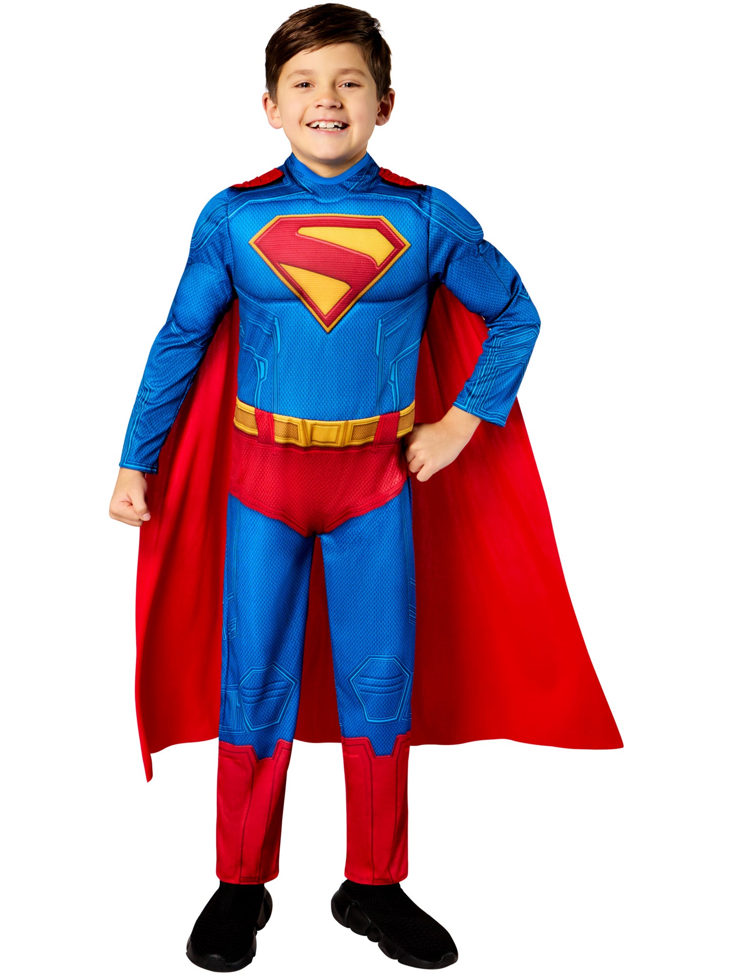Rubies Superman Deluxe Kinderkostüm für Jungen mit gepolstertem Overall und Umhang – Verpackung