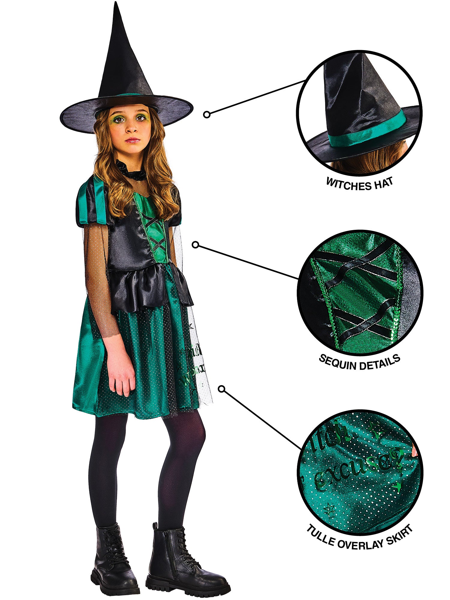 Rubies Wicked Witch of the West Kinderkostüm für Mädchen mit Kleid und Hexenhut – Seitenansicht