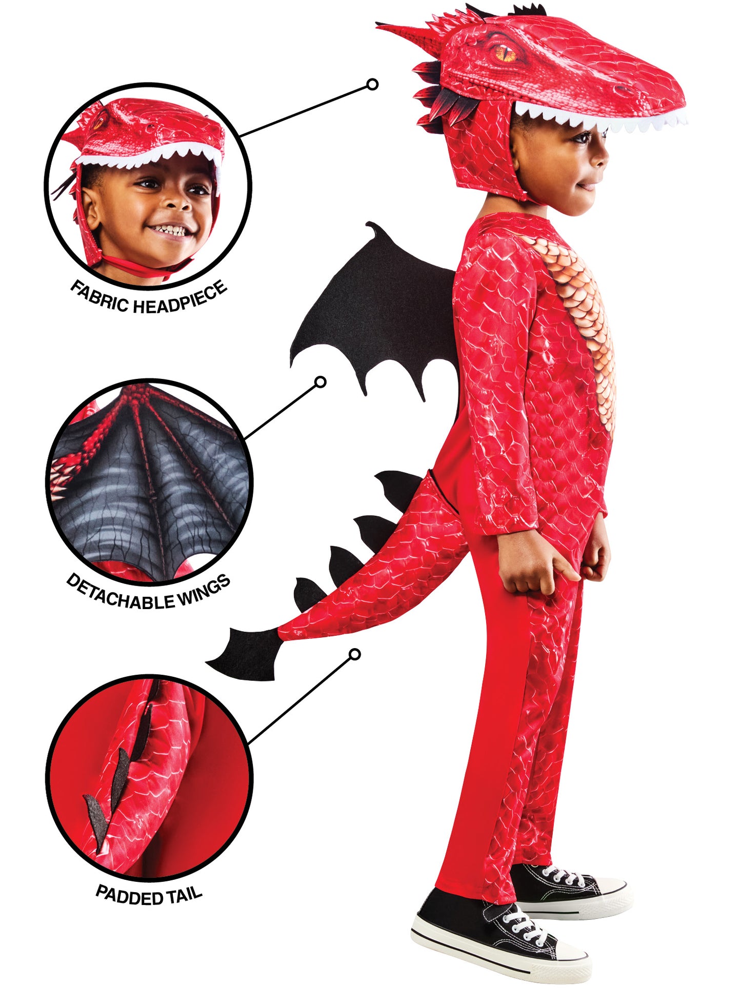 Rubies Red Dragon Kinderkostüm für Jungen – Drachenkostüm mit Overall und Flügeln – Seitenansicht