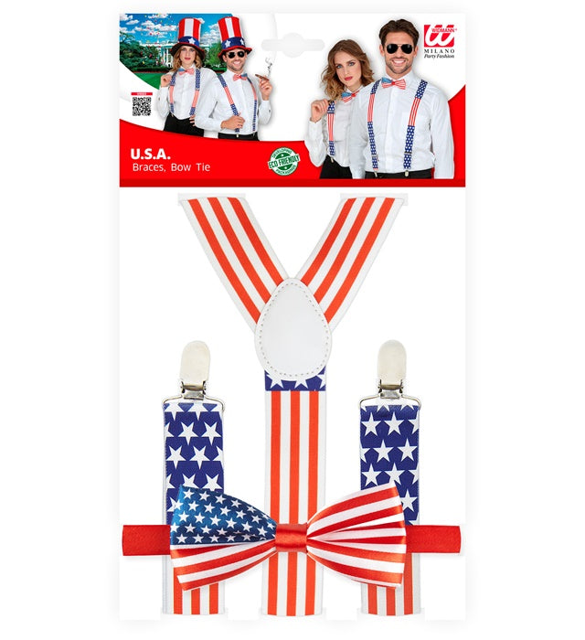 Hosenträger und Fliege im U.S.A. Design – rot, weiss und blau