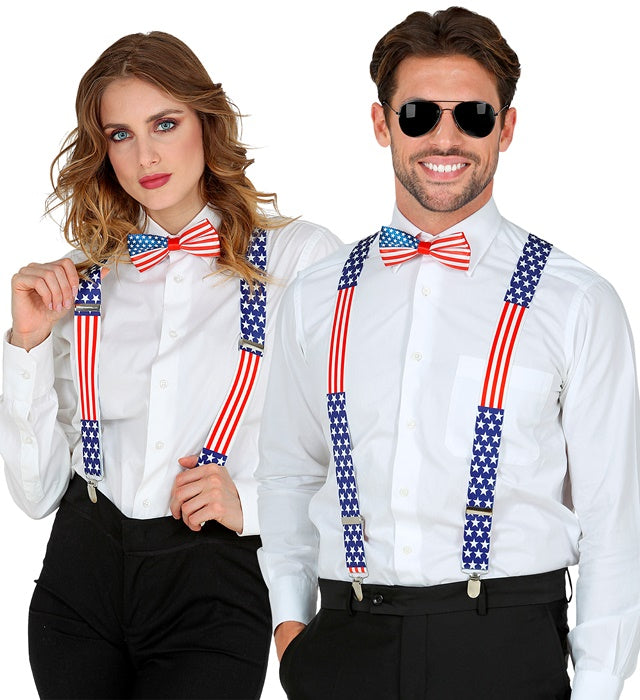 Hosenträger und Fliege im U.S.A. Design – rot, weiss und blau