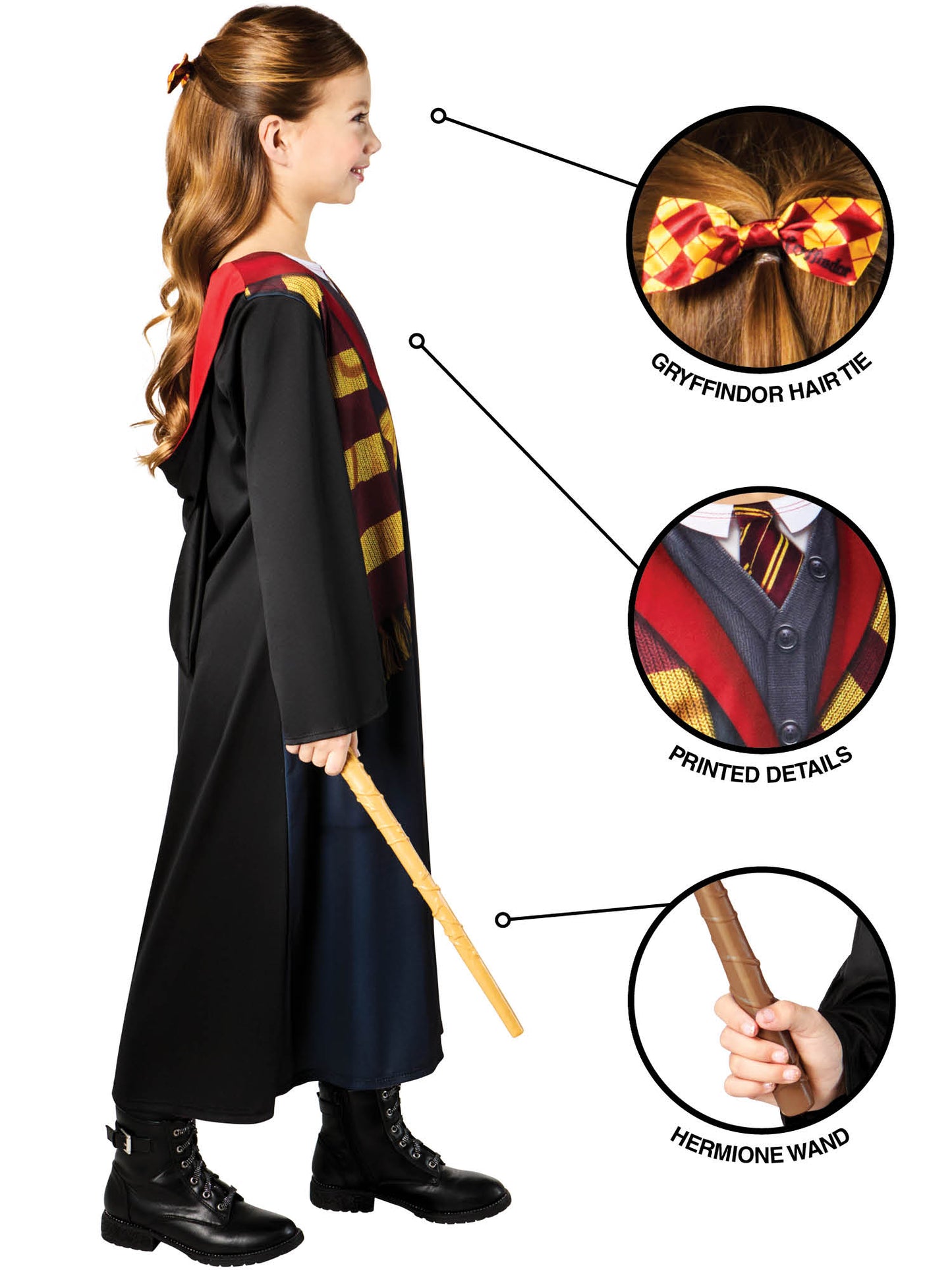 Rubies Hermione Deluxe Kinderkostüm Harry Potter mit Robe, Haarkrawatte und Zauberstab – Seitenansicht