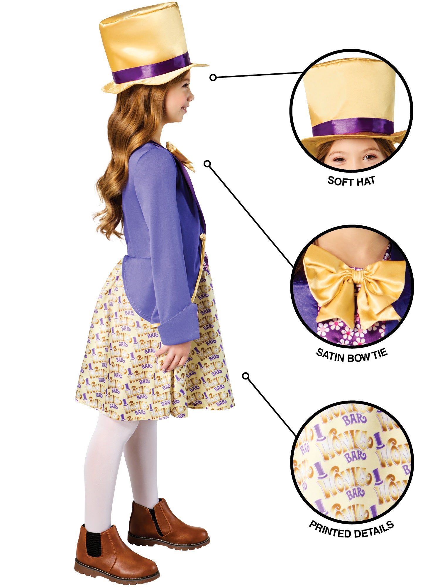 Rubies Willy Wonka Kinderkostüm für Mädchen mit Kleid und Hut – Seitenansicht