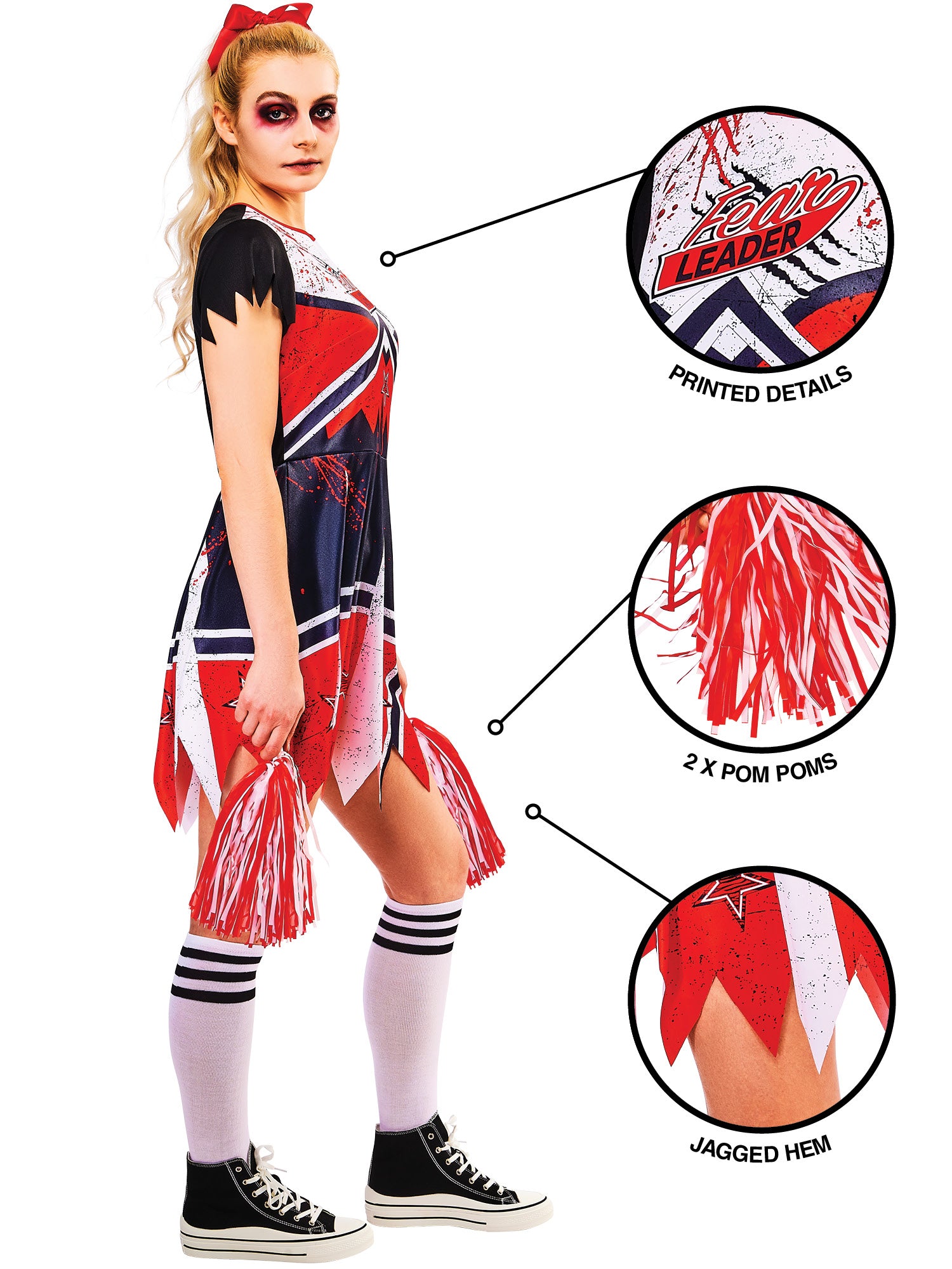 Rubies Zombie-Cheerleader-Kostüm für Damen mit Pom Poms – Seitenansicht