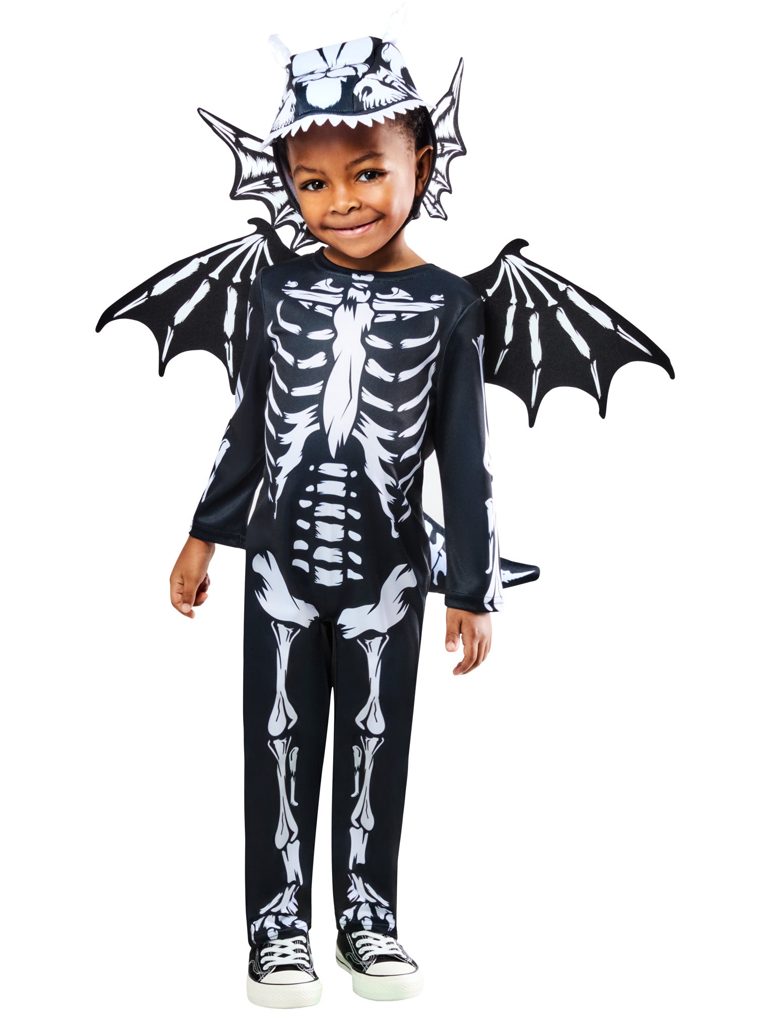 Rubies Skeleton-Dragon-Kinderkostüm mit Overall, Kopfschmuck, Flügeln und Schwanz – Produktansicht