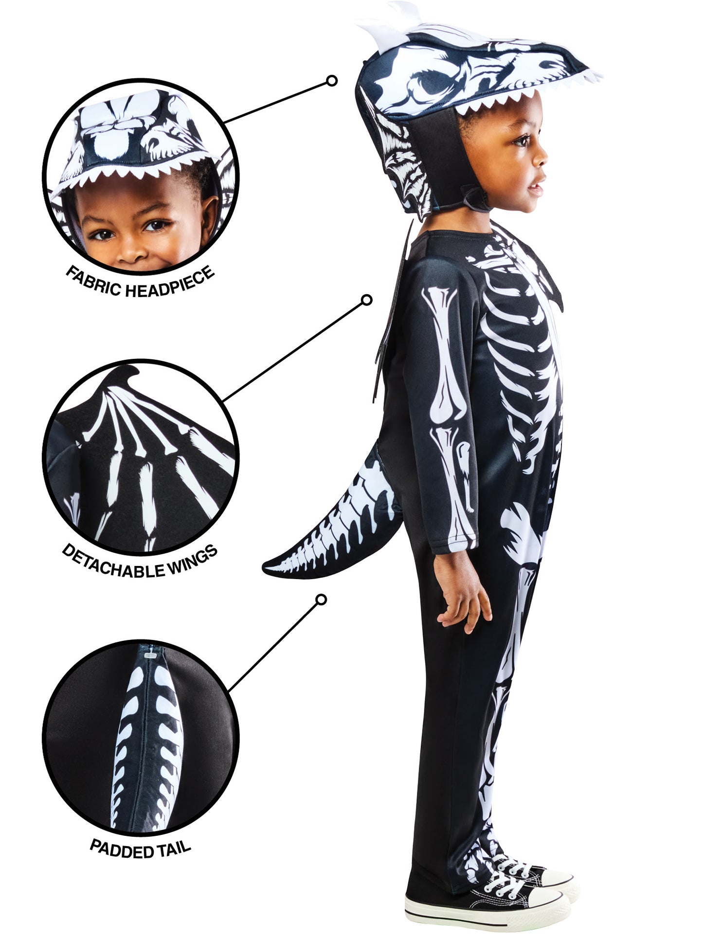 Rubies Skeleton-Dragon-Kinderkostüm mit Overall, Kopfschmuck, Flügeln und Schwanz – Seitenansicht