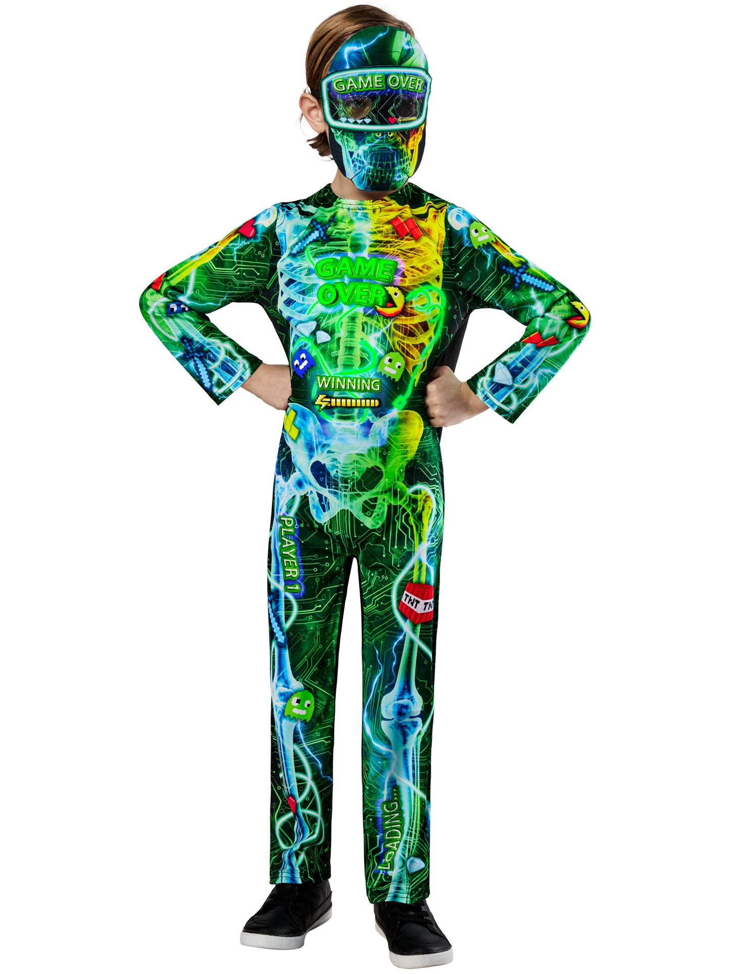 Rubies Gamer-Skeleton-Kinderkostüm mit Glow-in-the-dark-Aufdruck und Maske – Produktansicht