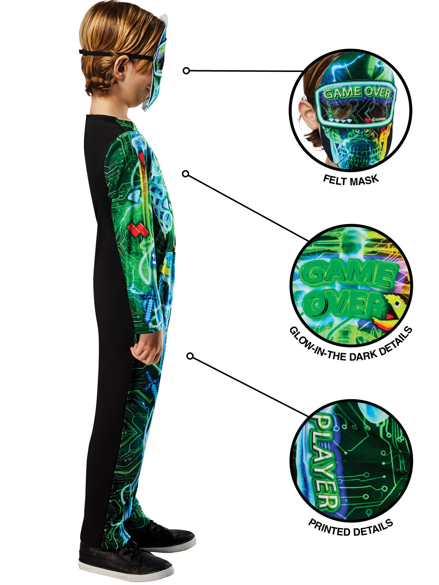 Rubies Gamer-Skeleton-Kinderkostüm mit Glow-in-the-dark-Aufdruck und Maske – Seitenansicht