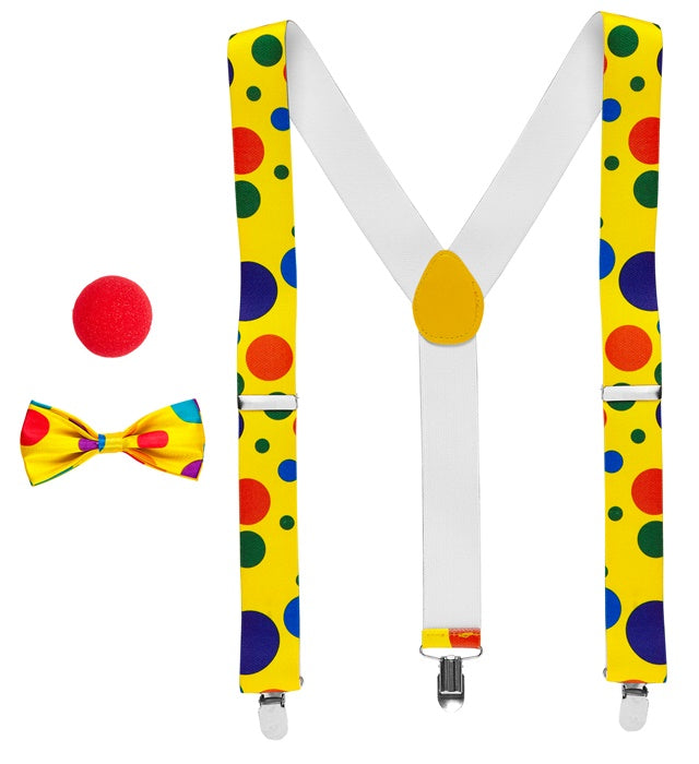 Clown-Kostümzubehör mit Hosenträger, Fliege und roter Nase