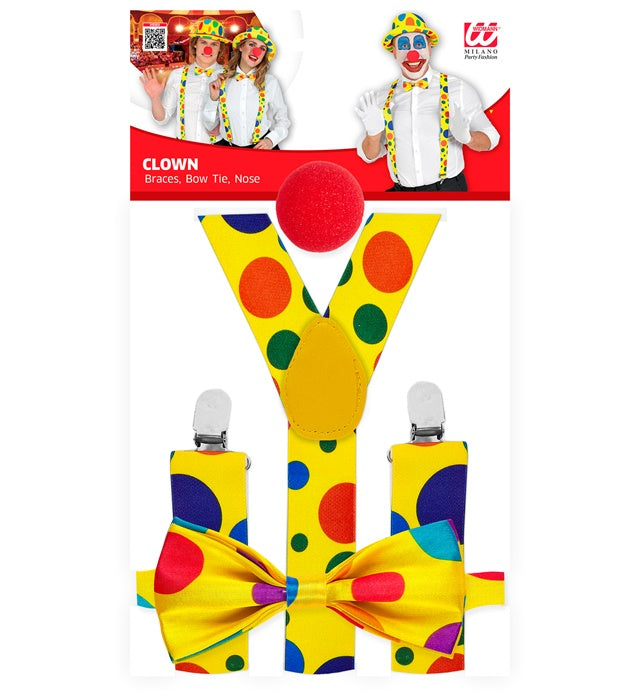 Clown-Kostümzubehör mit Hosenträger, Fliege und roter Nase