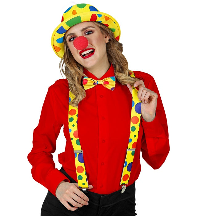 Clown-Kostümzubehör mit Hosenträger, Fliege und roter Nase