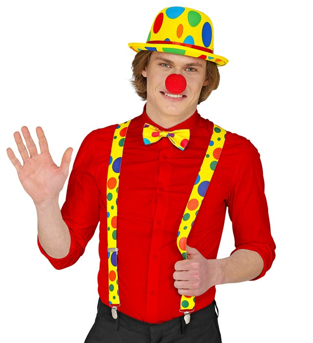 Clown-Kostümzubehör mit Hosenträger, Fliege und roter Nase