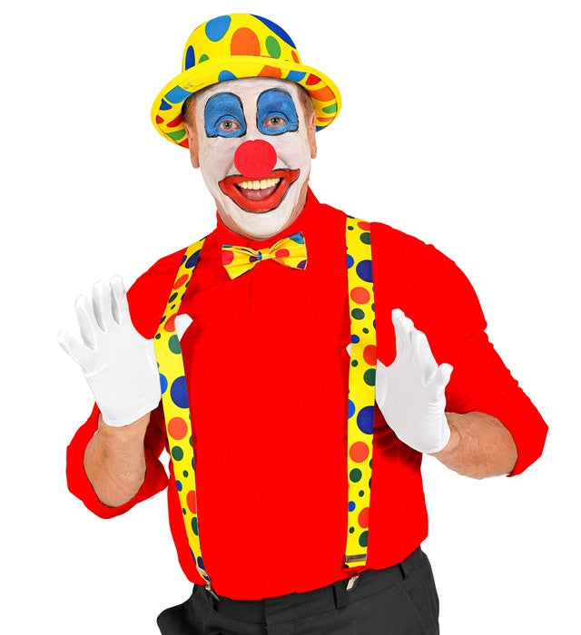 Clown-Kostümzubehör mit Hosenträger, Fliege und roter Nase