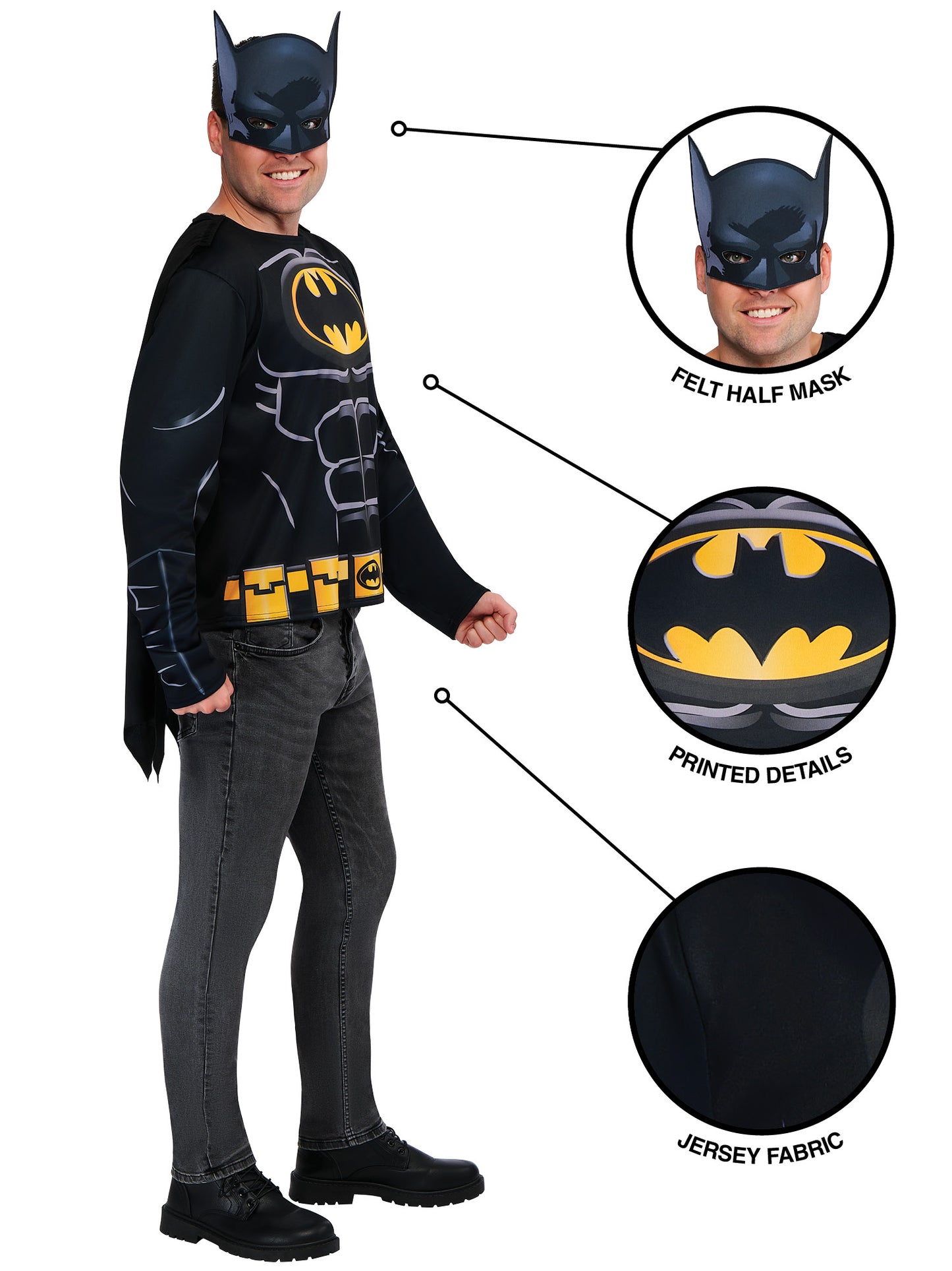 Batman Kostüm für Erwachsene von Rubies mit Top und Halbmaske – Seitenansicht