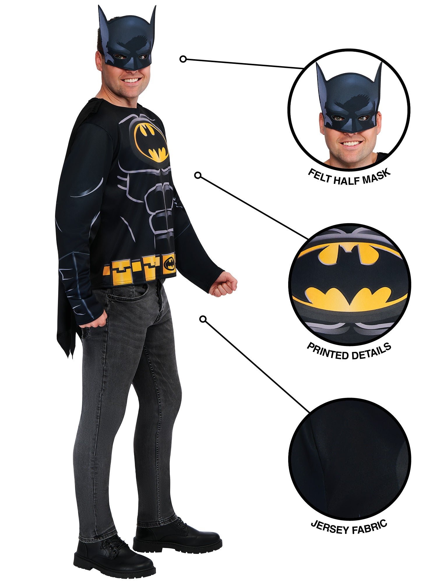 Batman Kostüm für Erwachsene von Rubies mit Top und Halbmaske – Seitenansicht