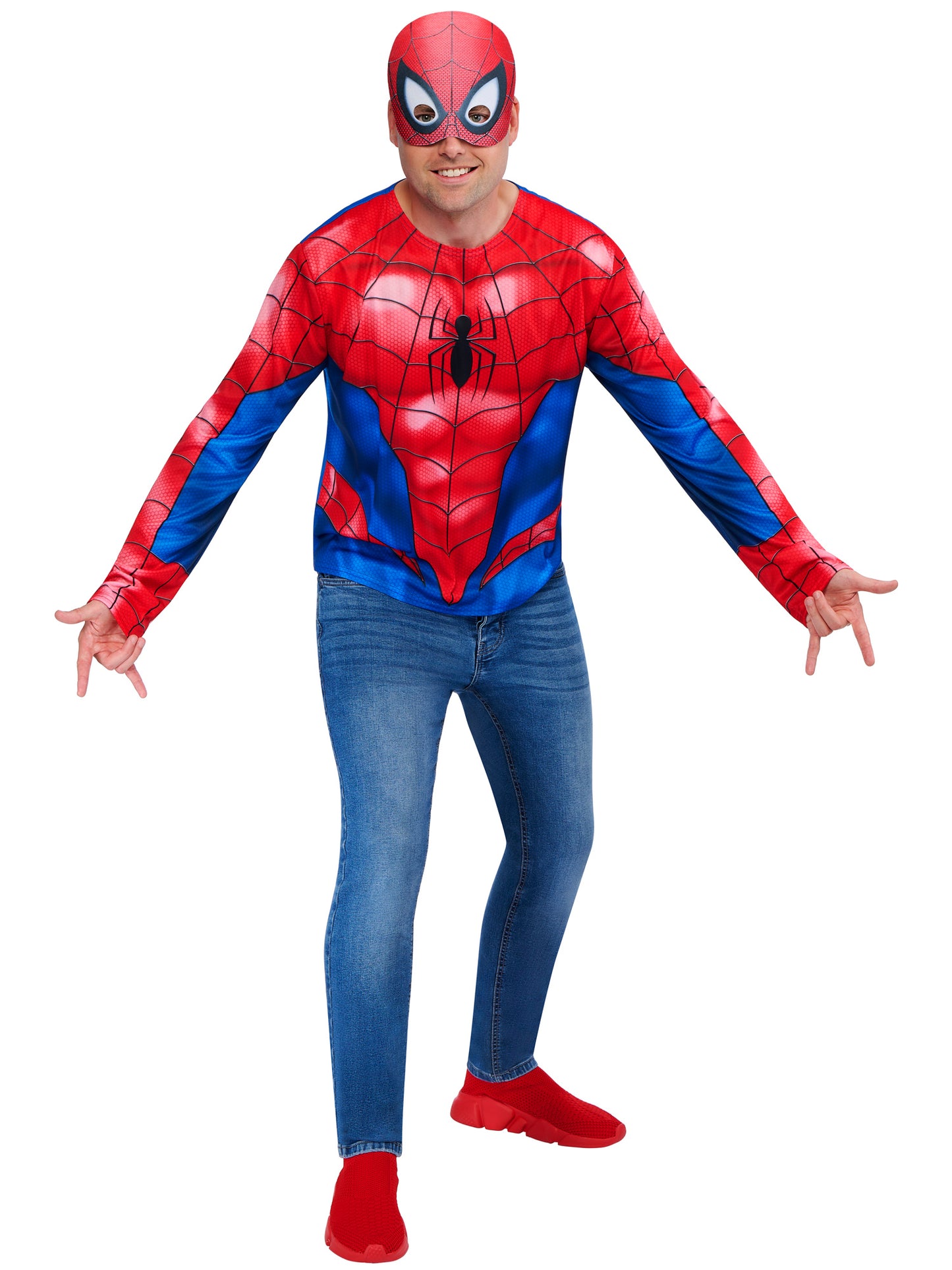 Rubies Spider-Man Kostüm mit Oberteil und Halbmaske für Erwachsene – Produktansicht