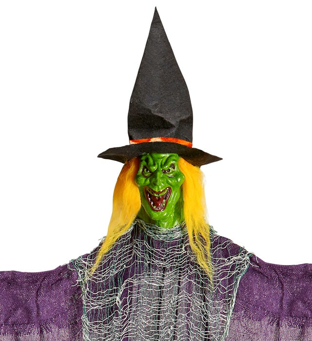 Gruselige Hexenfigur mit Besen 138 cm als Halloween-Dekoration