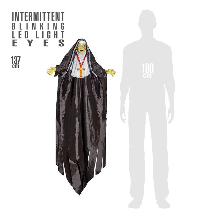 Zombienonne Halloween-Dekoration mit pulsierenden LED-Augen 137 cm