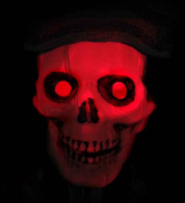 Sträfling Skelett mit Ketten und blinkendem, leuchtendem Kopf, 120 cm Halloween Dekoration