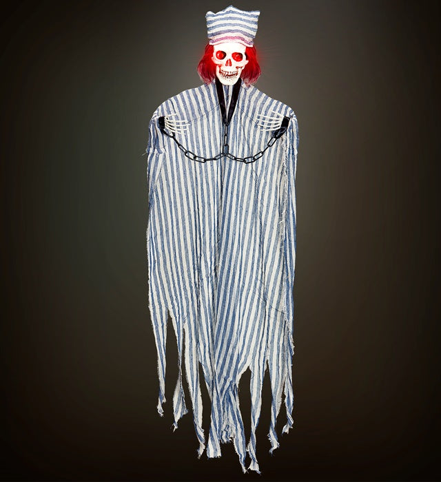 Sträfling Skelett mit Ketten und blinkendem, leuchtendem Kopf, 120 cm Halloween Dekoration