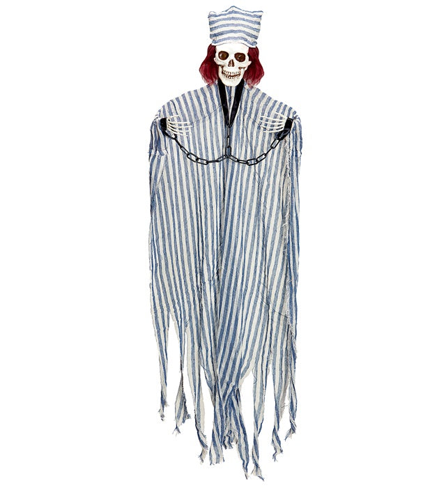 Sträfling Skelett mit Ketten und blinkendem, leuchtendem Kopf, 120 cm Halloween Dekoration