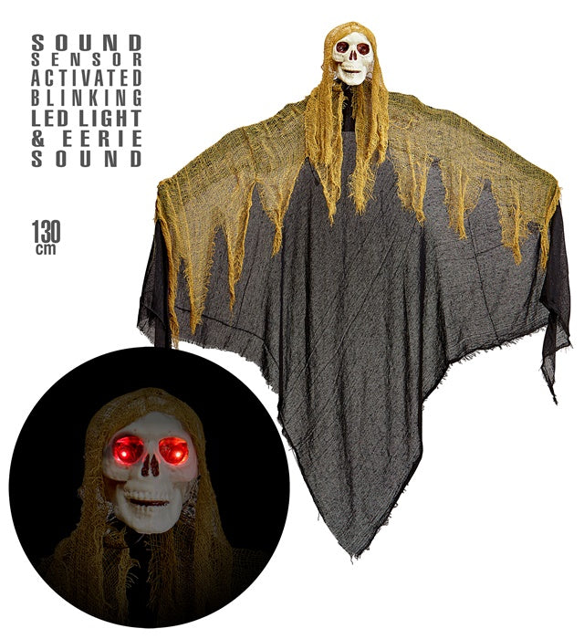 Sensenmann Halloween-Figur 130 cm mit blinkenden LED-Augen und Geräuschsensor