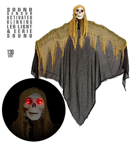 Sensenmann Halloween-Figur 130 cm mit blinkenden LED-Augen und Geräuschsensor