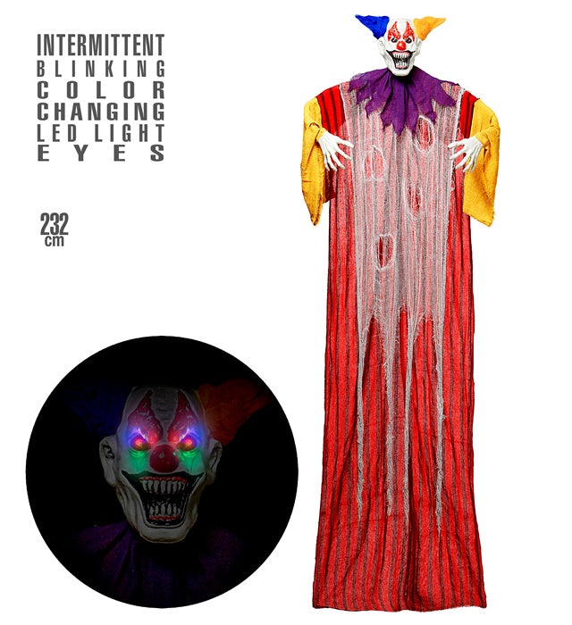 Horror Clown mit pulsierend blinkenden, farbwechselnden LED-Augen, 232 cm grosse Halloween-Dekoration