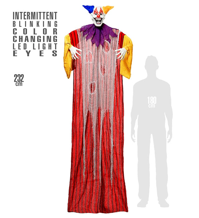 Horror Clown mit pulsierend blinkenden, farbwechselnden LED-Augen, 232 cm grosse Halloween-Dekoration
