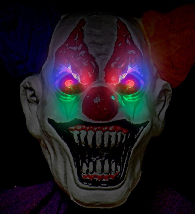Horror Clown mit pulsierend blinkenden, farbwechselnden LED-Augen, 232 cm grosse Halloween-Dekoration