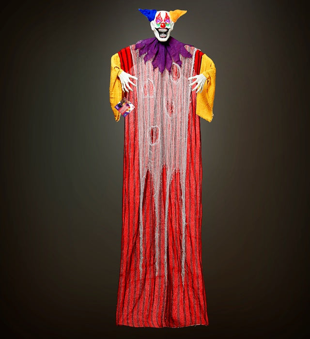 Horror Clown mit pulsierend blinkenden, farbwechselnden LED-Augen, 232 cm grosse Halloween-Dekoration