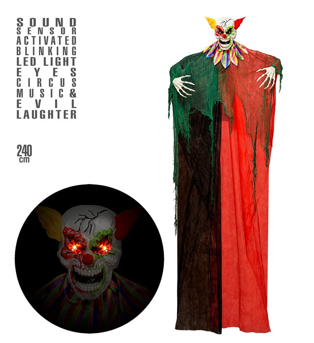 240 cm hoher Horrorclown mit blinkenden LED-Augen und gruseliger Zirkusmusik