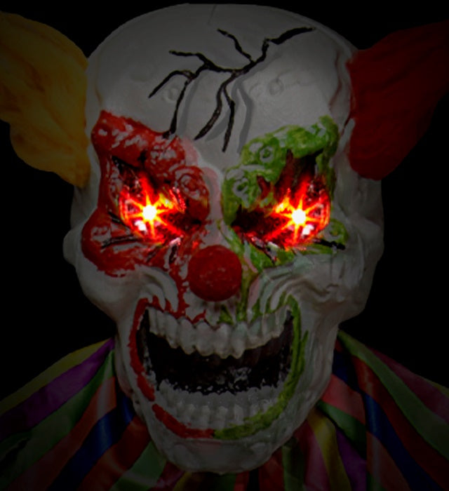 240 cm hoher Horrorclown mit blinkenden LED-Augen und gruseliger Zirkusmusik