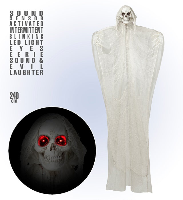 Sensenmann-Figur 240 cm mit pulsierenden LED-Augen und gruseligen Geräuschen