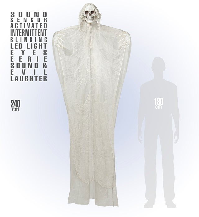 Sensenmann-Figur 240 cm mit pulsierenden LED-Augen und gruseligen Geräuschen