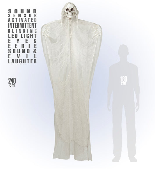 Sensenmann-Figur 240 cm mit pulsierenden LED-Augen und gruseligen Geräuschen