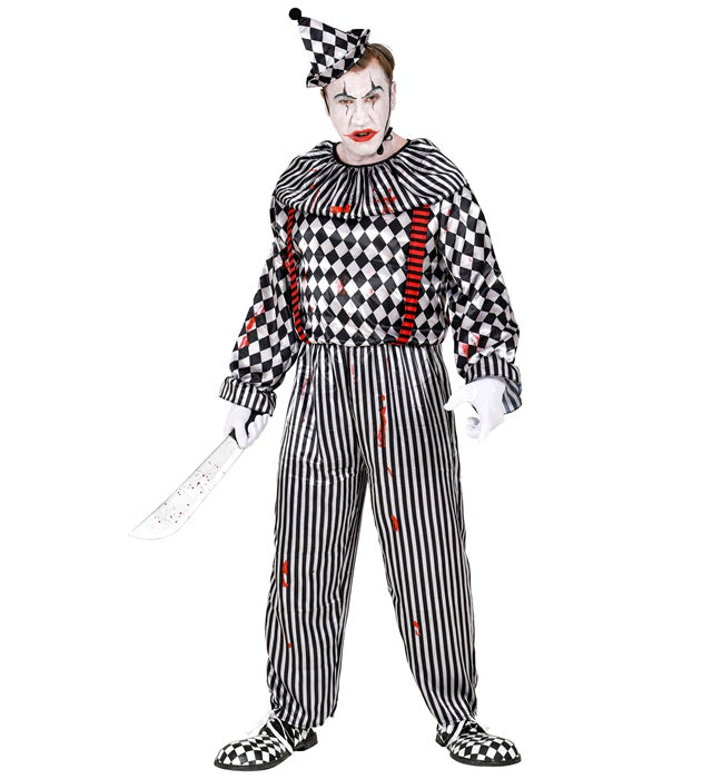 Retro Clown Kostüm mit buntem Overall, Clownkragen und Kopfbedeckung für Fasnacht